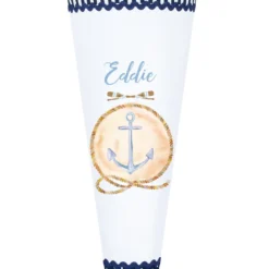 Maritime Schultüte für Jungen | Personalisiert mit dem Namen | Stoffschultüte in Blau mit Anker | Optional mit Füllkissen und Spitzenschutz