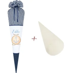 Maritime Schultüte für Jungen | Personalisiert mit dem Namen | Stoffschultüte in Blau mit Anker | Optional mit Füllkissen und Spitzenschutz