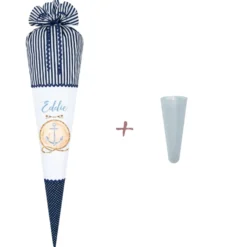 Maritime Schultüte für Jungen | Personalisiert mit dem Namen | Stoffschultüte in Blau mit Anker | Optional mit Füllkissen und Spitzenschutz