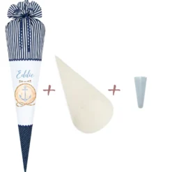 Maritime Schultüte für Jungen | Personalisiert mit dem Namen | Stoffschultüte in Blau mit Anker | Optional mit Füllkissen und Spitzenschutz