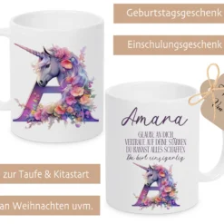 Mädchen Einhorn Tasse Monogramm Keramiktasse Name personalisiert Pferd Einschulung Geburtstag Geschenk I Manufaktur Liebevoll