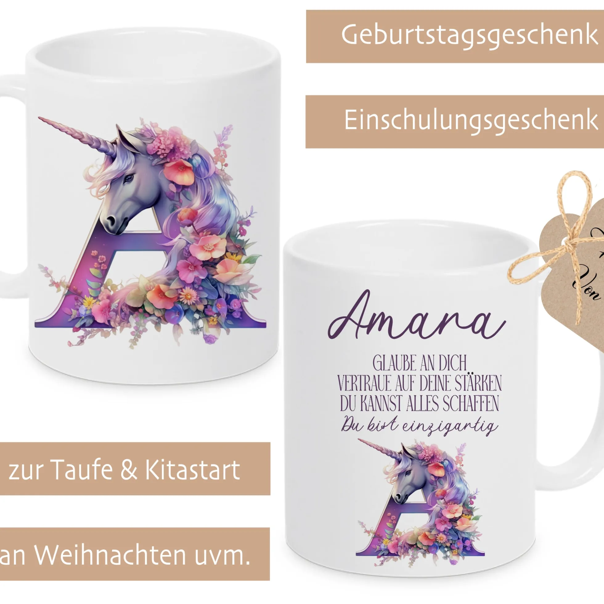 Mädchen Einhorn Tasse Monogramm Keramiktasse Name personalisiert Pferd Einschulung Geburtstag Geschenk I Manufaktur Liebevoll