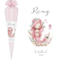 Meerjungfrau Schultüte für Mädchen rosa Zuckertüte mit Namen Einschulungstüte Einschulung Datum Füllkissen 70 cm I Optional mit Füllkissen und Spitzenschutz