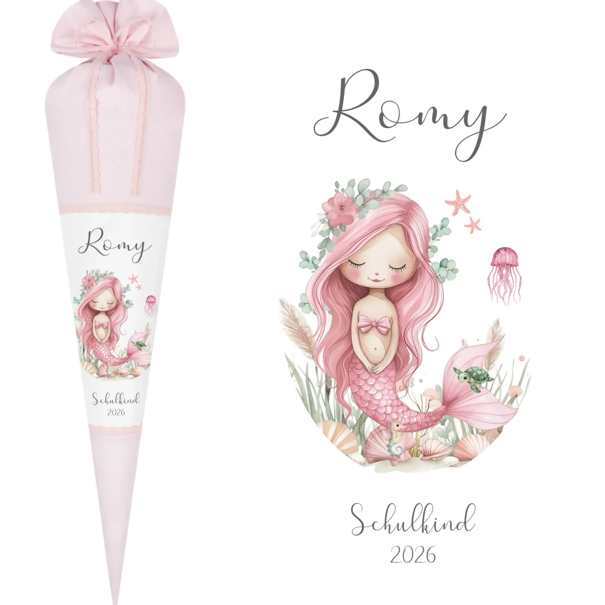 Meerjungfrau Schultüte für Mädchen rosa Zuckertüte mit Namen Einschulungstüte Einschulung Datum Füllkissen 70 cm I Optional mit Füllkissen und Spitzenschutz