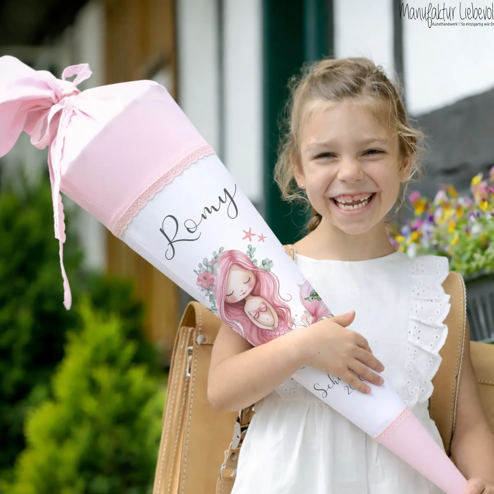 Meerjungfrau Schultüte für Mädchen rosa Zuckertüte mit Namen Einschulungstüte Einschulung Datum Füllkissen 70 cm I Optional mit Füllkissen und Spitzenschutz