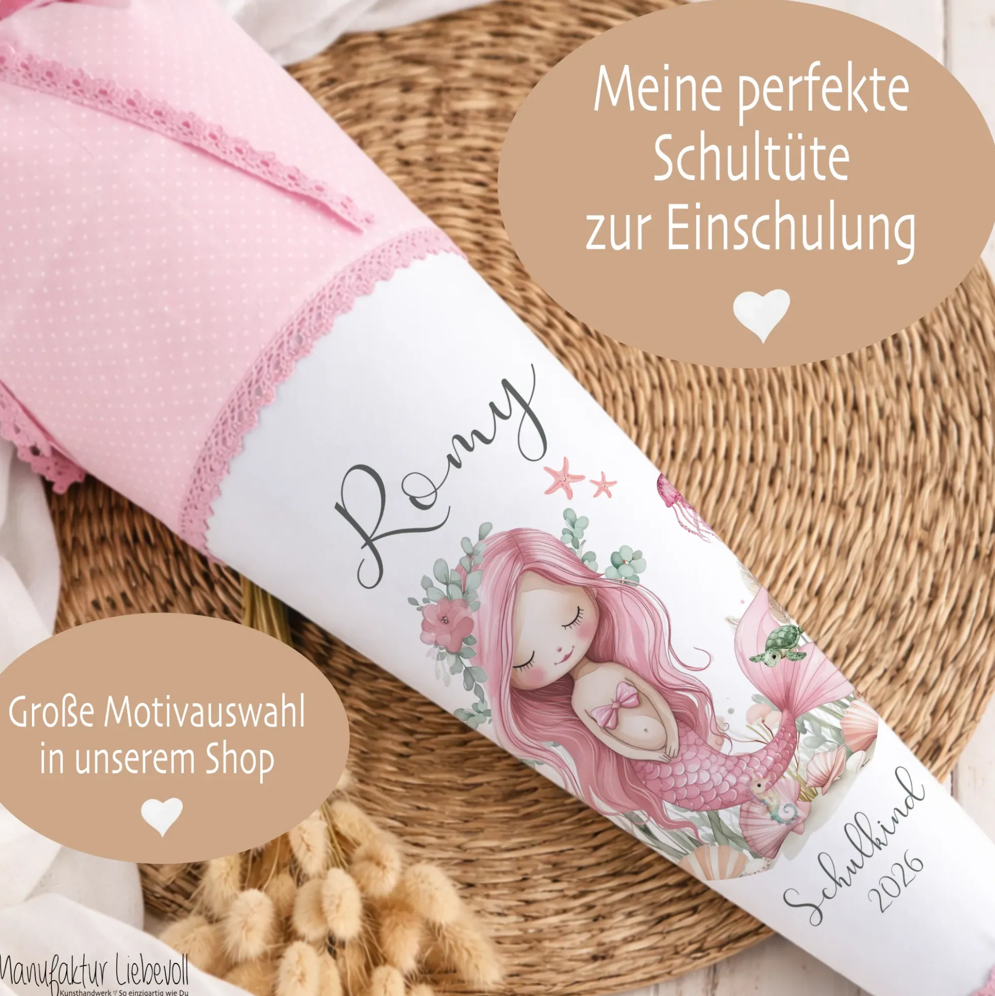 Meerjungfrau Schultüte für Mädchen rosa Zuckertüte mit Namen Einschulungstüte Einschulung Datum Füllkissen 70 cm I Optional mit Füllkissen und Spitzenschutz
