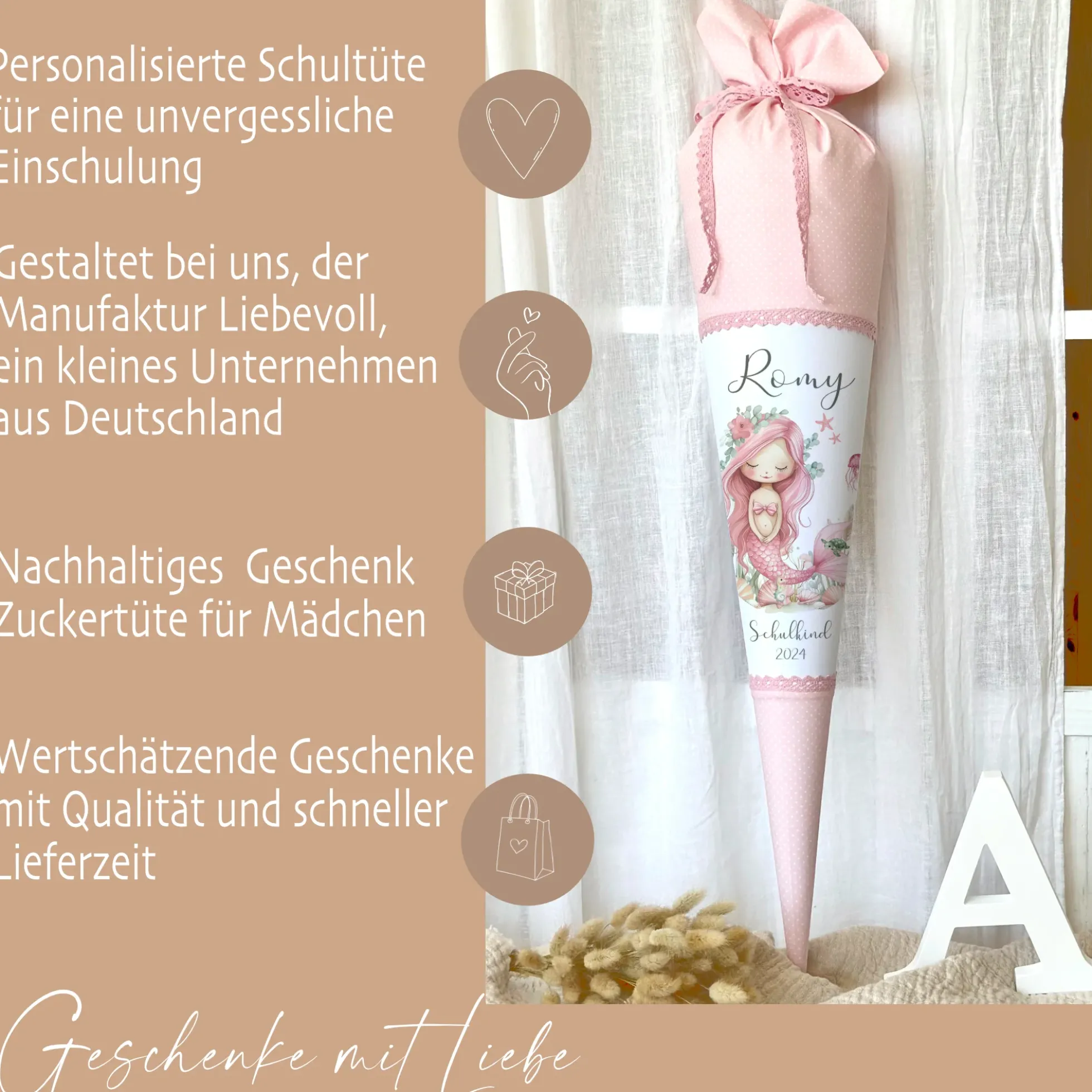 Meerjungfrau Schultüte für Mädchen rosa Zuckertüte mit Namen Einschulungstüte Einschulung Datum Füllkissen 70 cm I Optional mit Füllkissen und Spitzenschutz