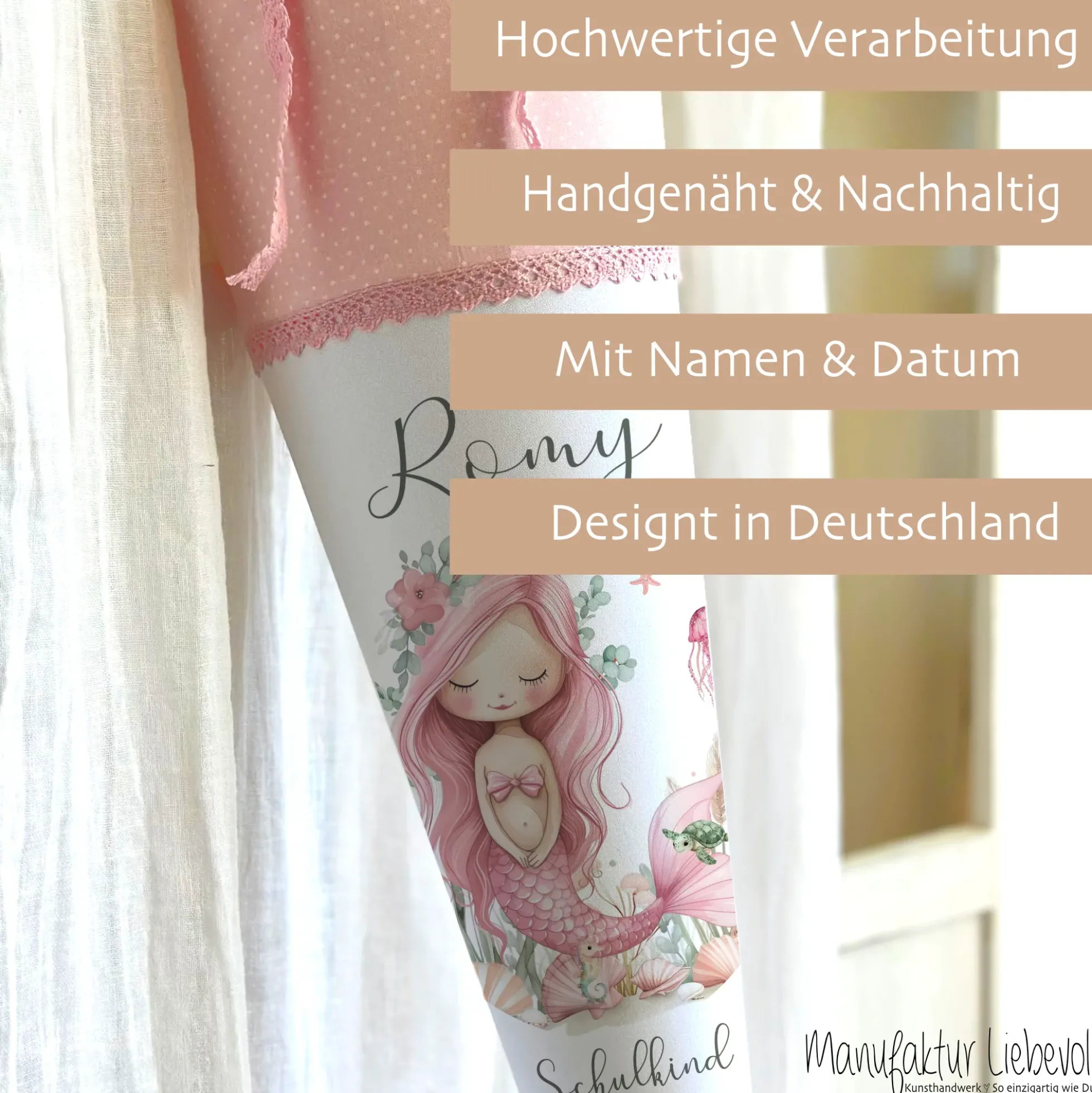 Meerjungfrau Schultüte für Mädchen rosa Zuckertüte mit Namen Einschulungstüte Einschulung Datum Füllkissen 70 cm I Optional mit Füllkissen und Spitzenschutz