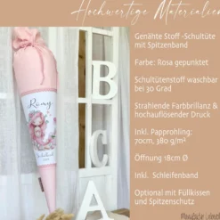 Meerjungfrau Schultüte für Mädchen rosa Zuckertüte mit Namen Einschulungstüte Einschulung Datum Füllkissen 70 cm I Optional mit Füllkissen und Spitzenschutz