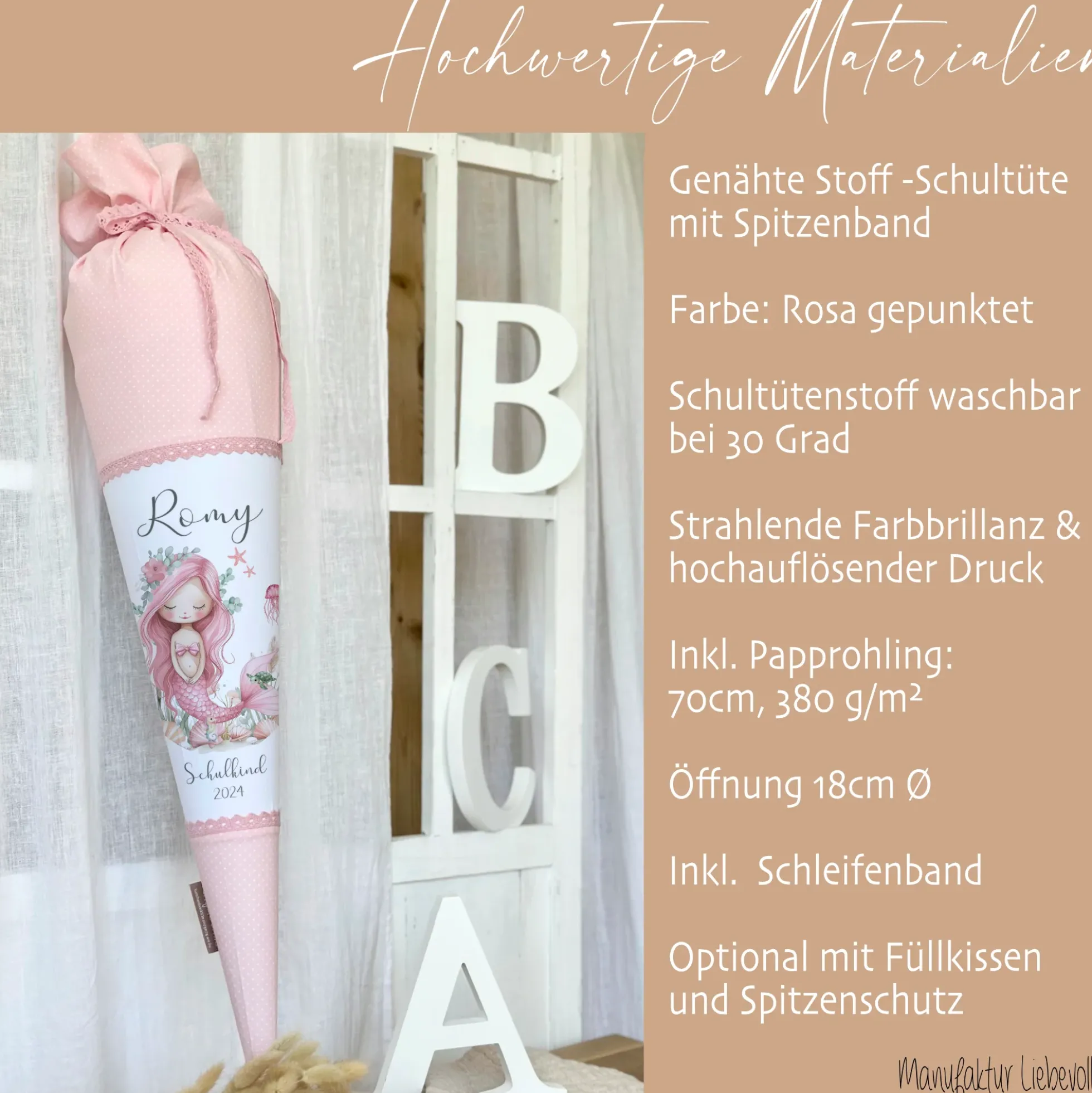 Meerjungfrau Schultüte für Mädchen rosa Zuckertüte mit Namen Einschulungstüte Einschulung Datum Füllkissen 70 cm I Optional mit Füllkissen und Spitzenschutz