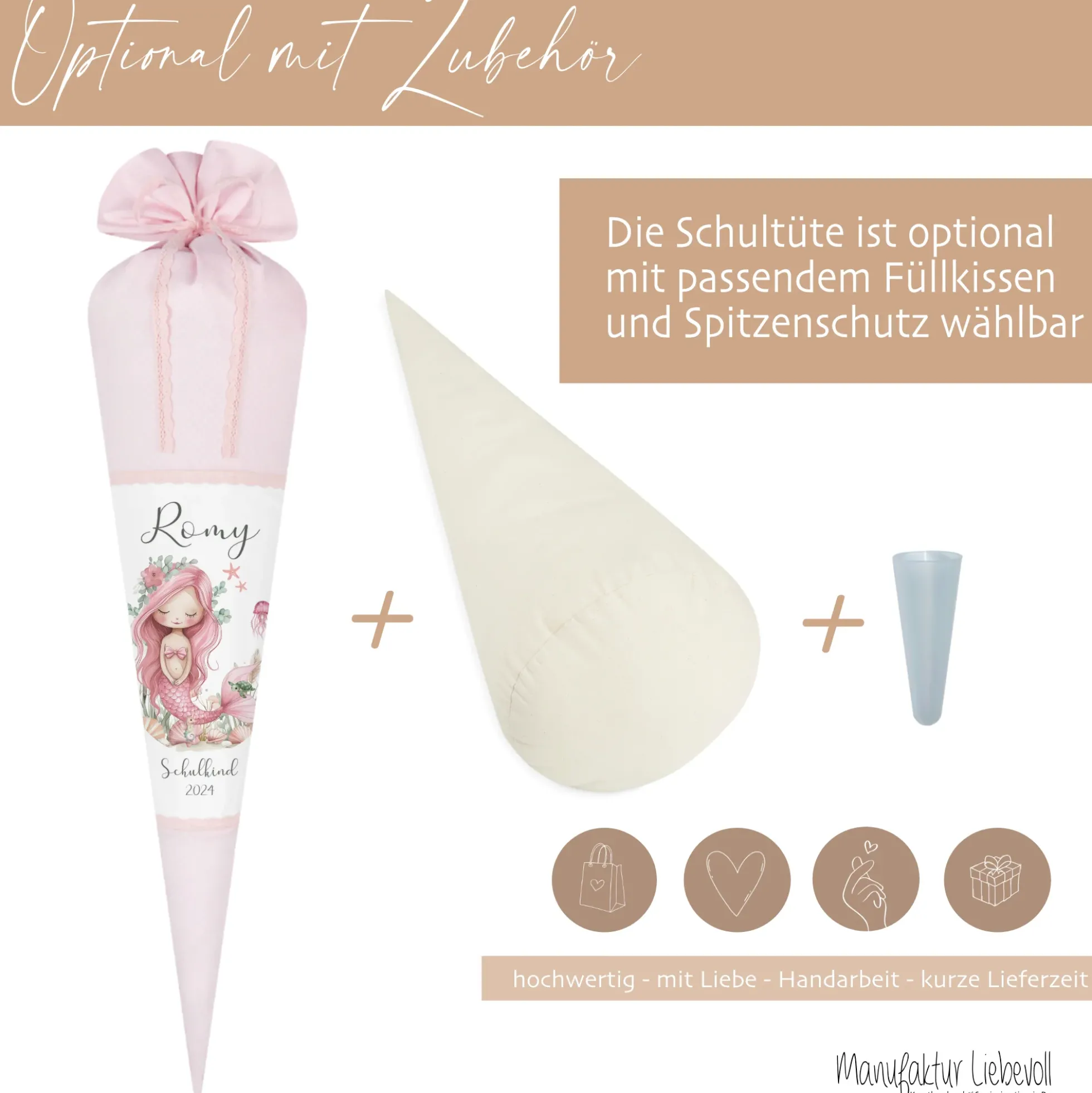 Meerjungfrau Schultüte für Mädchen rosa Zuckertüte mit Namen Einschulungstüte Einschulung Datum Füllkissen 70 cm I Optional mit Füllkissen und Spitzenschutz