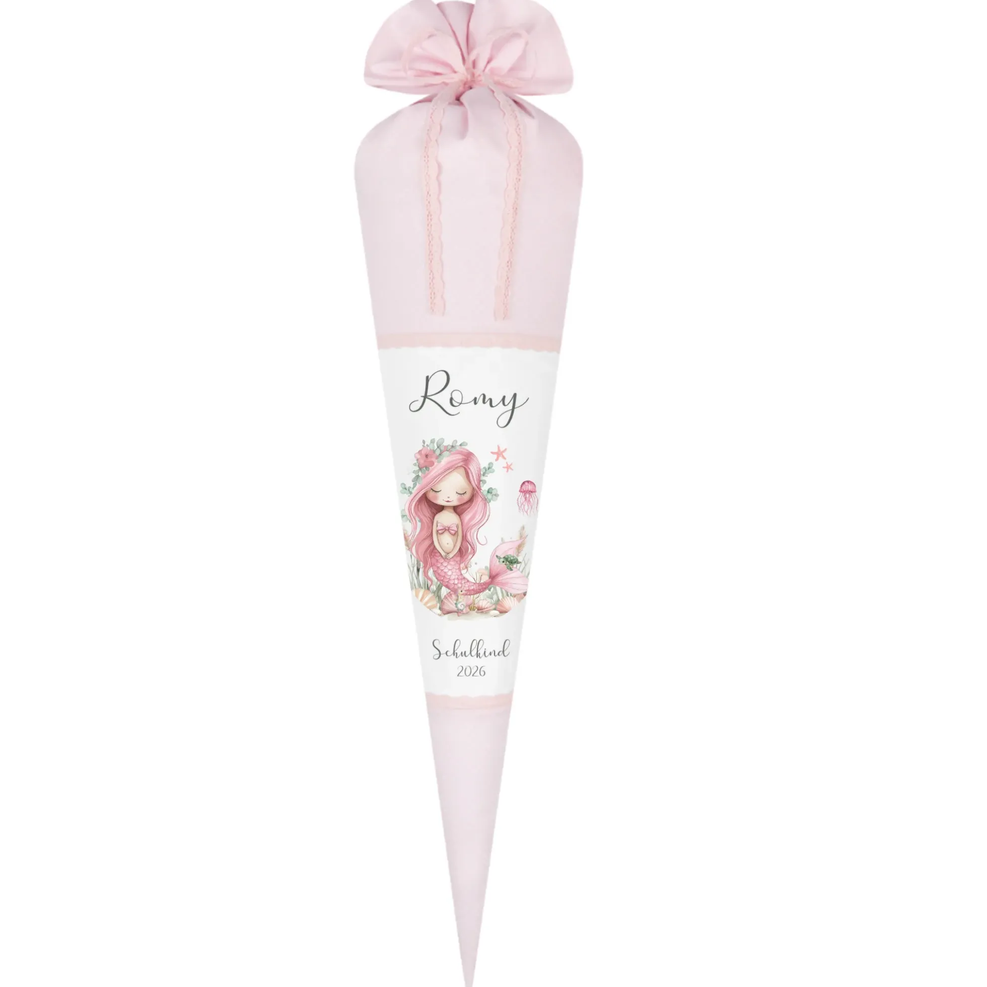 Meerjungfrau Schultüte für Mädchen rosa Zuckertüte mit Namen Einschulungstüte Einschulung Datum Füllkissen 70 cm I Optional mit Füllkissen und Spitzenschutz
