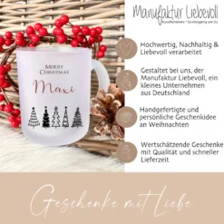 Merry Christmas Glasasse mit dem Namen personalisiert und Tannen gestaltet