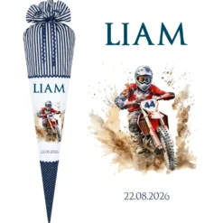 Motorrad Zuckertüte in blau Stoff Schultüte für Jungen mit Motocross Fahrer Namen Datum Einschulungstüte Füllkissen Rohling 70 cm | Optional mit Füllkissen und Spitzenschutz