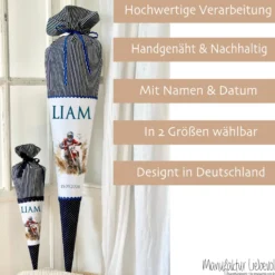 Motorrad Zuckertüte in blau Stoff Schultüte für Jungen mit Motocross Fahrer Namen Datum Einschulungstüte Füllkissen Rohling 70 cm | Optional mit Füllkissen und Spitzenschutz