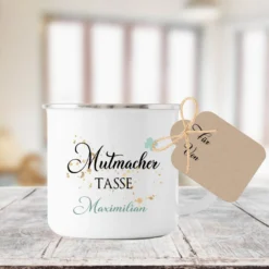 Mutmacher Tasse mit Kleeblatt und Namen | Personalisiertes Geschenk | Perfektes Geschenk zur Motivation | Emailletasse mit Geschenkanhänger zum Beschriften