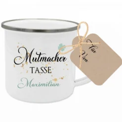 Mutmacher Tasse mit Kleeblatt und Namen | Personalisiertes Geschenk | Perfektes Geschenk zur Motivation | Emailletasse mit Geschenkanhänger zum Beschriften