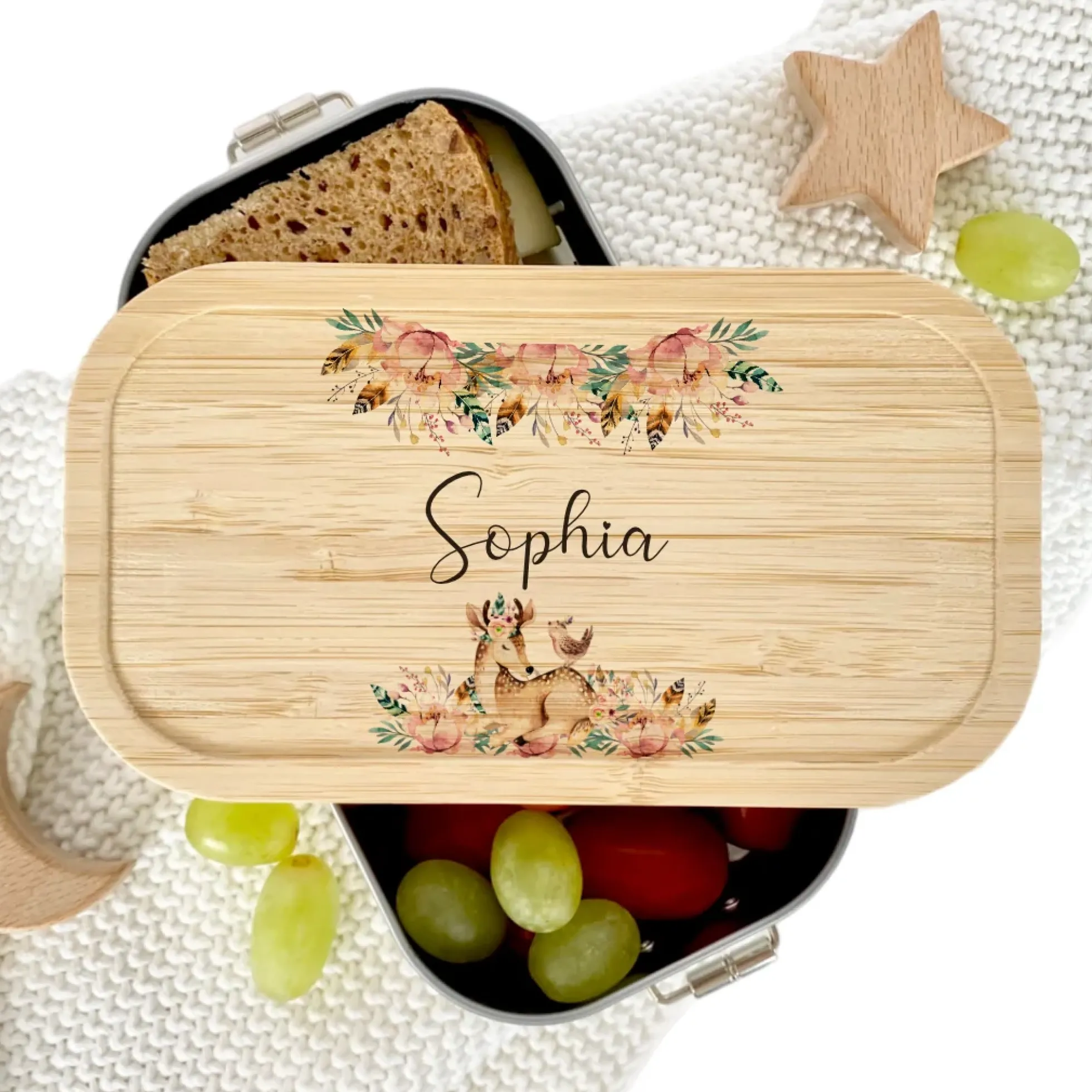 Nachhaltige Brotdose mit Bambus und Namen - Rehkitz | Wählbar in Edelstahl | Personalisiertes Geschenk für Mädchen