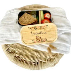 Nachhaltige Brotdose mit Bambus und Namen - Rehkitz | Wählbar in Edelstahl | Personalisiertes Geschenk für Mädchen