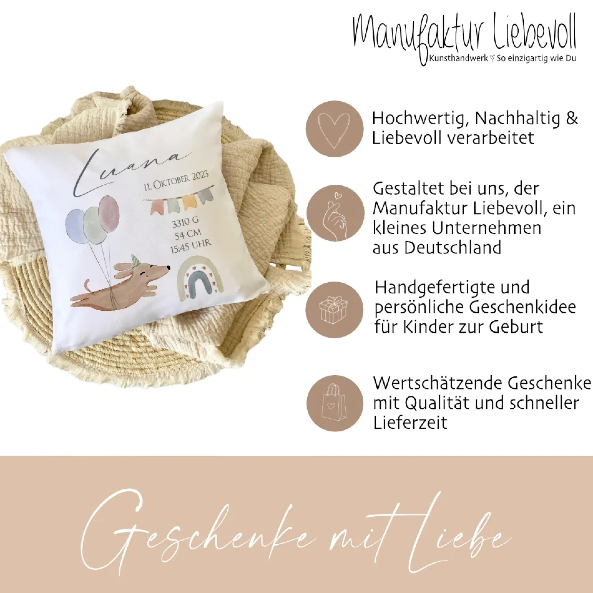 Namenskissen für Babys mit Geburtsdaten, Motiv: Hund