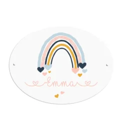Namensschild für das Kinderzimmer | Ovales Schild für Mädchen u. Jungen | Personalisiert mit dem Namen und einen Regenbogen | 2 Farbvarianten zur Auswahl