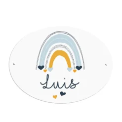 Namensschild für das Kinderzimmer | Ovales Schild für Mädchen u. Jungen | Personalisiert mit dem Namen und einen Regenbogen | 2 Farbvarianten zur Auswahl