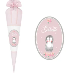 Niedliche Schultüte für Mädchen mit Pinguin und Namen in Rosa | Optional mit Füllkissen und Spitzenschutz