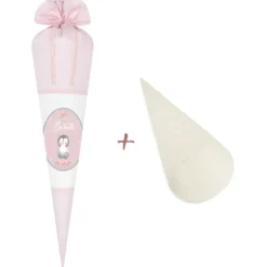 Niedliche Schultüte für Mädchen mit Pinguin und Namen in Rosa | Optional mit Füllkissen und Spitzenschutz