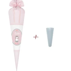 Niedliche Schultüte für Mädchen mit Pinguin und Namen in Rosa | Optional mit Füllkissen und Spitzenschutz