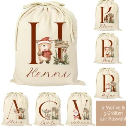 Nikolaus Geschenkbeutel Name Buchstabe personalisiert Weihnachtssack Weihnachten Geschenk Kinder mit Name I 9 Varianten & 3 Größen