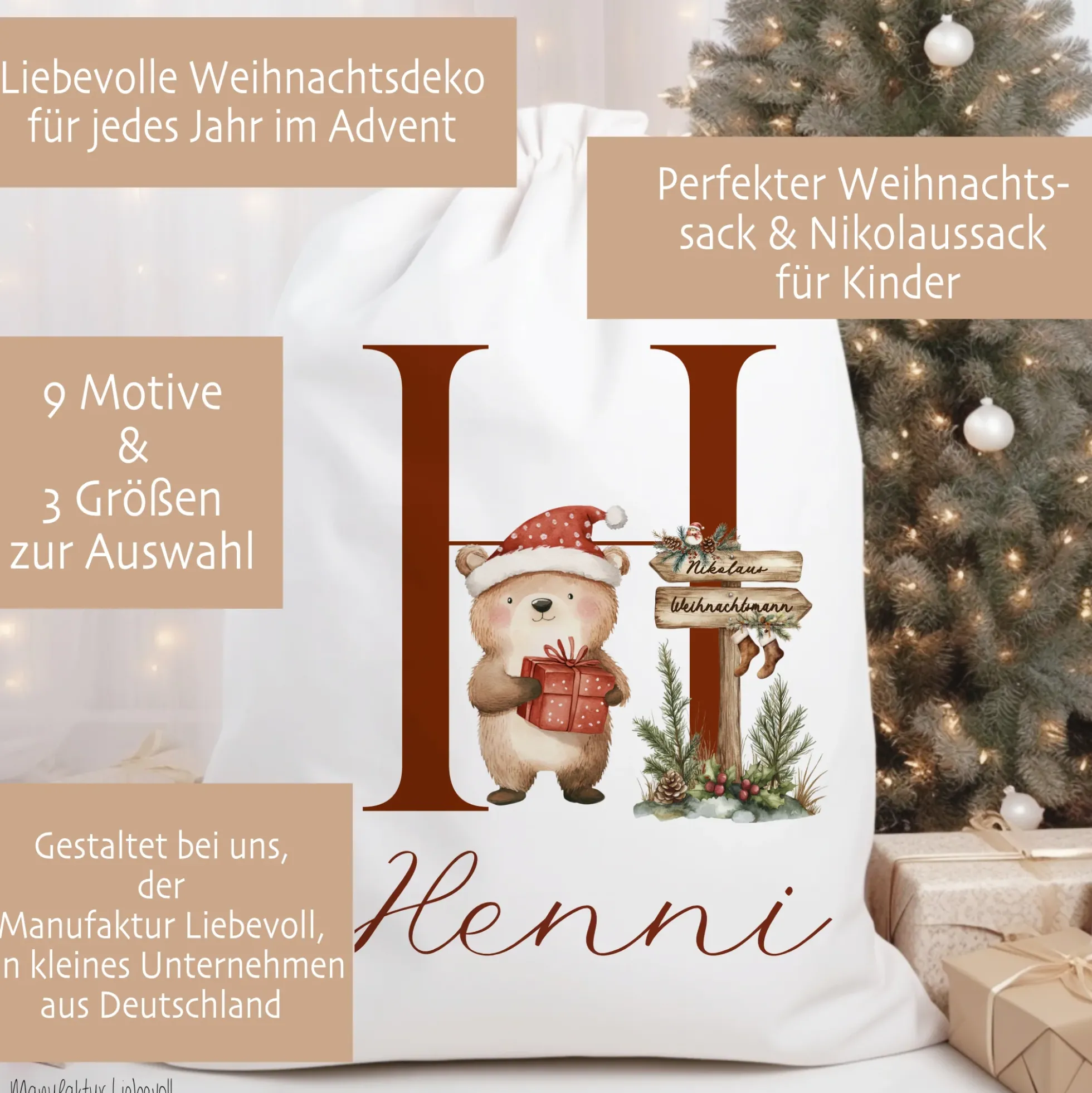 Nikolaus Geschenkbeutel Name Buchstabe personalisiert Weihnachtssack Weihnachten Geschenk Kinder mit Name I 9 Varianten & 3 Größen