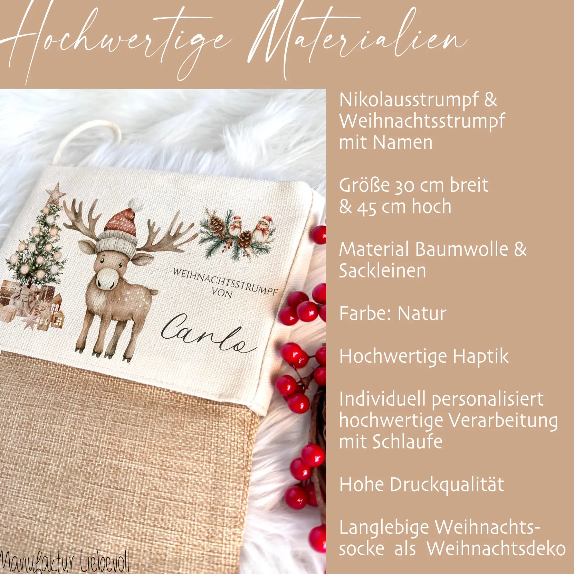 Nikolausstrumpf Nikolausstiefel personalisiert Kinder Weihnachtsstrumpf Elch Mädchen Jungen Name Weihnachtsstiefel Nikolaussocke