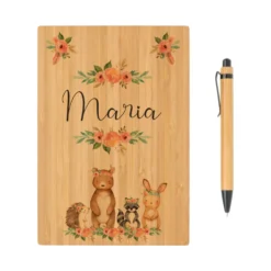 Notizbuch "Boho Tiere" mit Namen für Kinder | Personalisiertes Buch aus Bambus mit Kugelschreiber