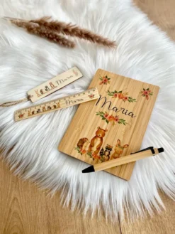 Notizbuch "Boho Tiere" mit Namen für Kinder | Personalisiertes Buch aus Bambus mit Kugelschreiber
