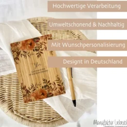 Notizbuch "Glücklich sein" mit Namen und Blumen | Personalisiertes Buch aus Bambus und Kugelschreiber | Persönliche Geschenkidee für Sie