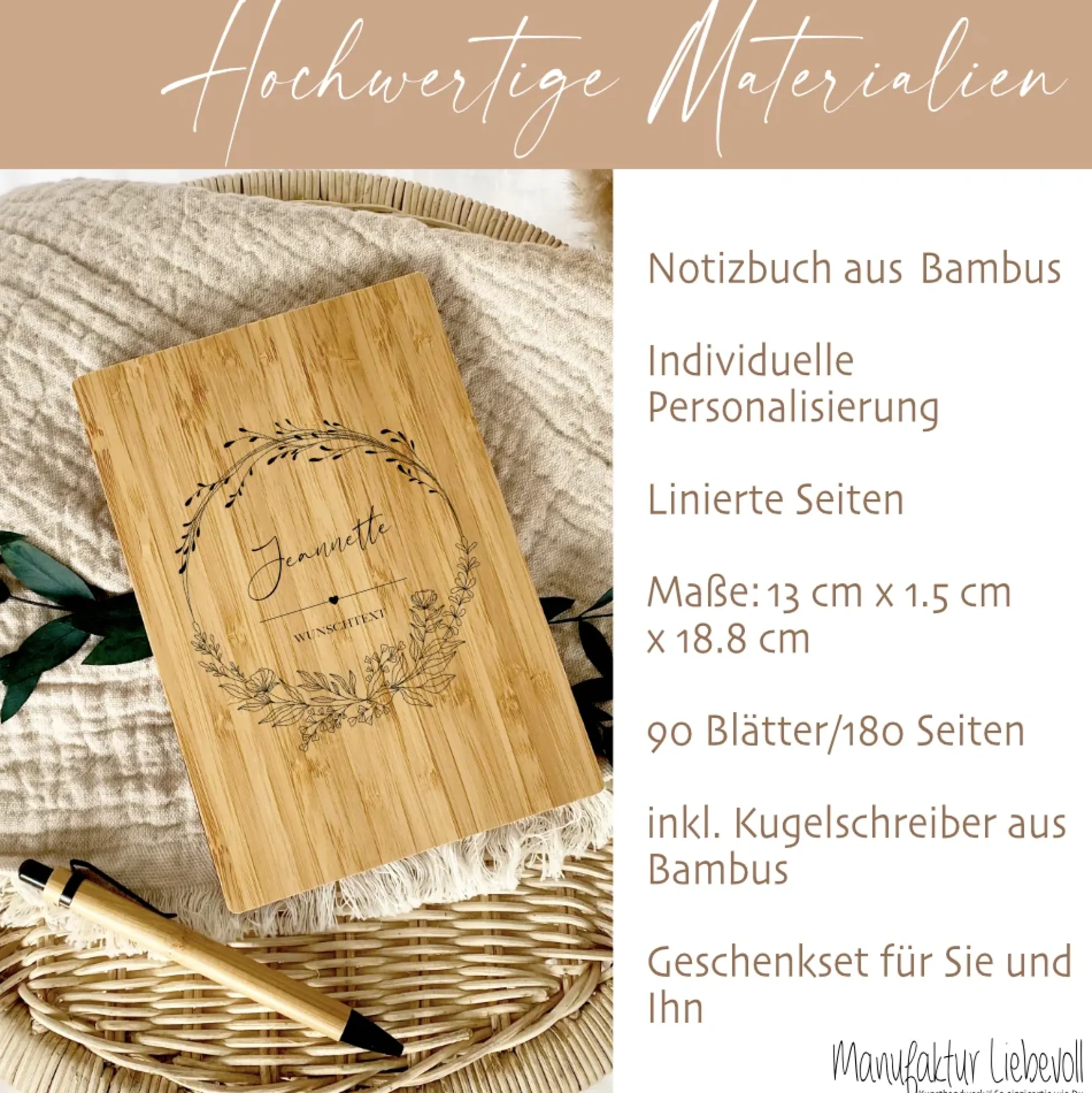 Notizbuch "Wunschtext" mit Namen und Blumenranke | Buch aus Bambus und Kugelschreiber | Persönliche Geschenkidee für Sie u. Ihn