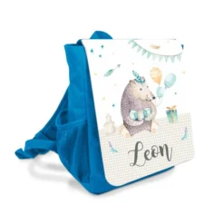 Origineller Rucksack für Kinder in Blau | Kinderrucksack mit dem Namen des Kindes personalisiert | Motiv: "Ein Bär feiert Geburtstag" | Perfektes und sinnvolles Geschenk für Kinder im Kindergartenalter