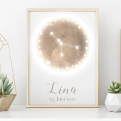 Originelles Geschenk zum Geburtstag | Personalisiertes Poster mit Sternzeichen, Namen und Geburtsdatum | Persönliches Geburtstagsgeschenk | 12 Sternzeichen zur Auswahl