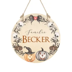 Originelles Türschild aus Holz "Halloween" | Personalisiertes Familienschild für die Tür | Handgefertigte Dekoration für Halloween | 4 Produktvarianten zur Auswahl