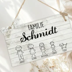 Originelles Türschild für die Familie | Haustürschild mit Figuren u. Vornamen | Handgefertigtes Familienschild in weiß grauer Shabby Chic Holzoptik | 2 Größen zur Auswahl