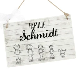 Originelles Türschild für die Familie | Haustürschild mit Figuren u. Vornamen | Handgefertigtes Familienschild in weiß grauer Shabby Chic Holzoptik | 2 Größen zur Auswahl