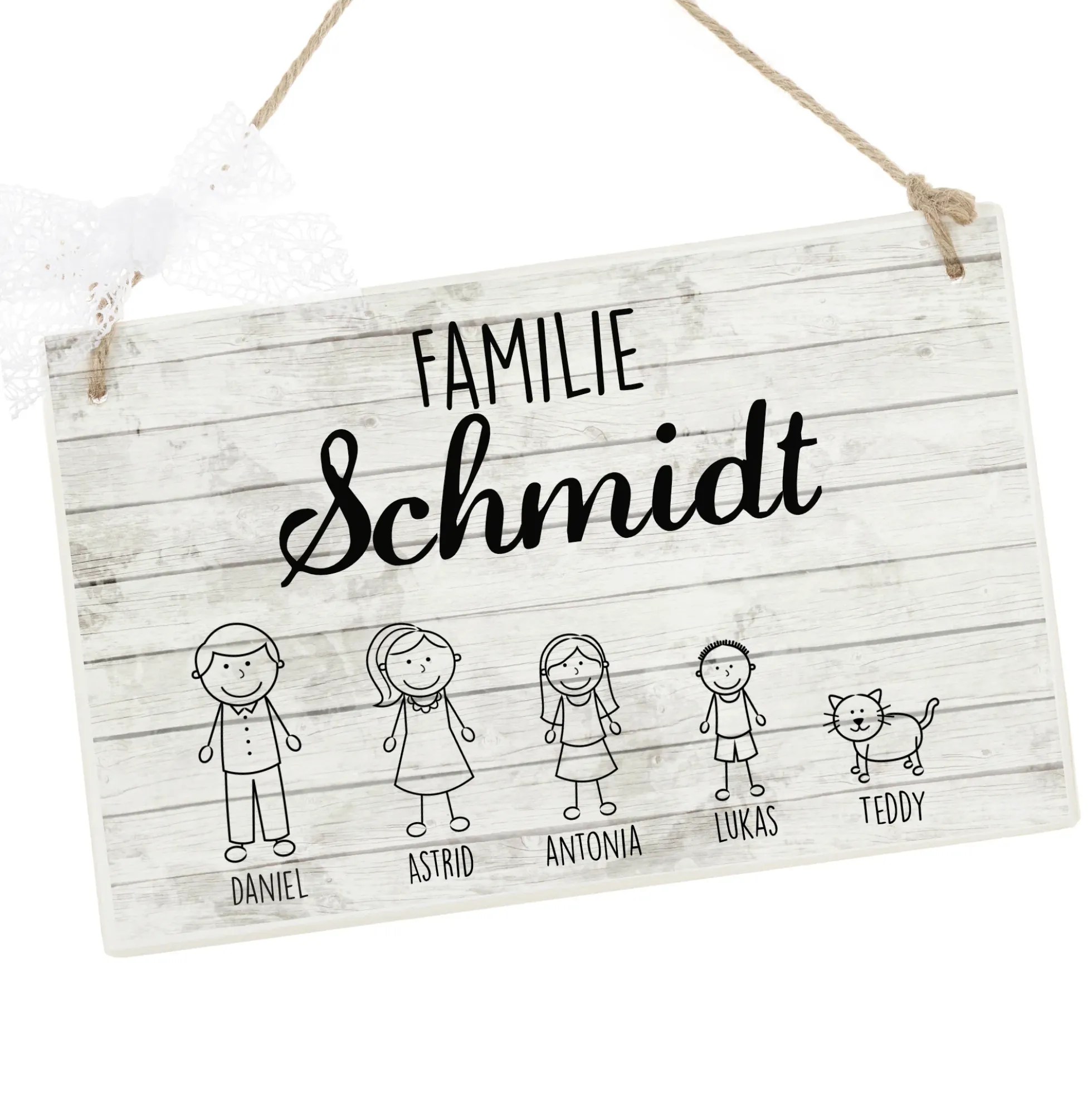 Originelles Türschild für die Familie | Haustürschild mit Figuren u. Vornamen | Handgefertigtes Familienschild in weiß grauer Shabby Chic Holzoptik | 2 Größen zur Auswahl