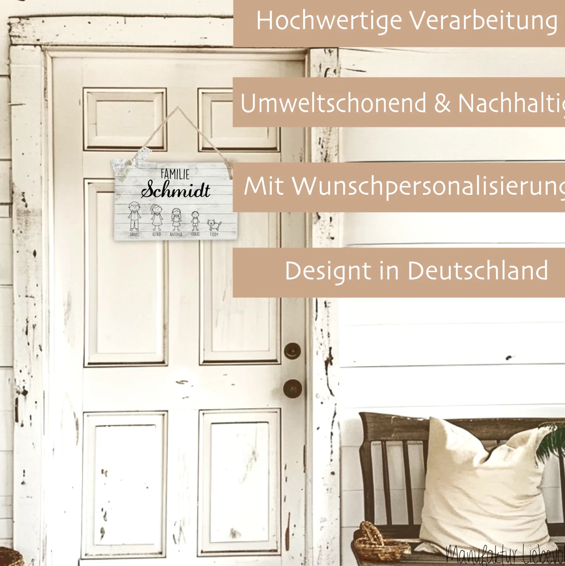 Originelles Türschild für die Familie | Haustürschild mit Figuren u. Vornamen | Handgefertigtes Familienschild in weiß grauer Shabby Chic Holzoptik | 2 Größen zur Auswahl