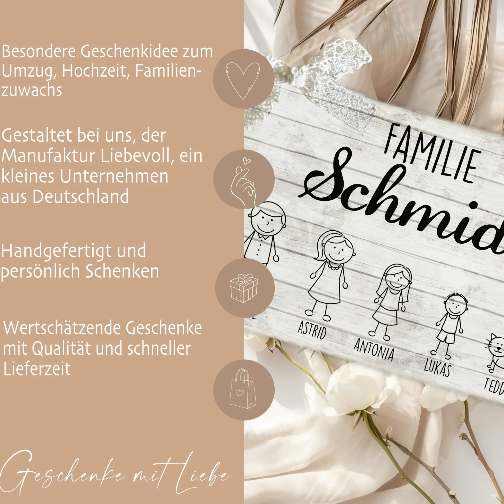 Originelles Türschild für die Familie | Haustürschild mit Figuren u. Vornamen | Handgefertigtes Familienschild in weiß grauer Shabby Chic Holzoptik | 2 Größen zur Auswahl