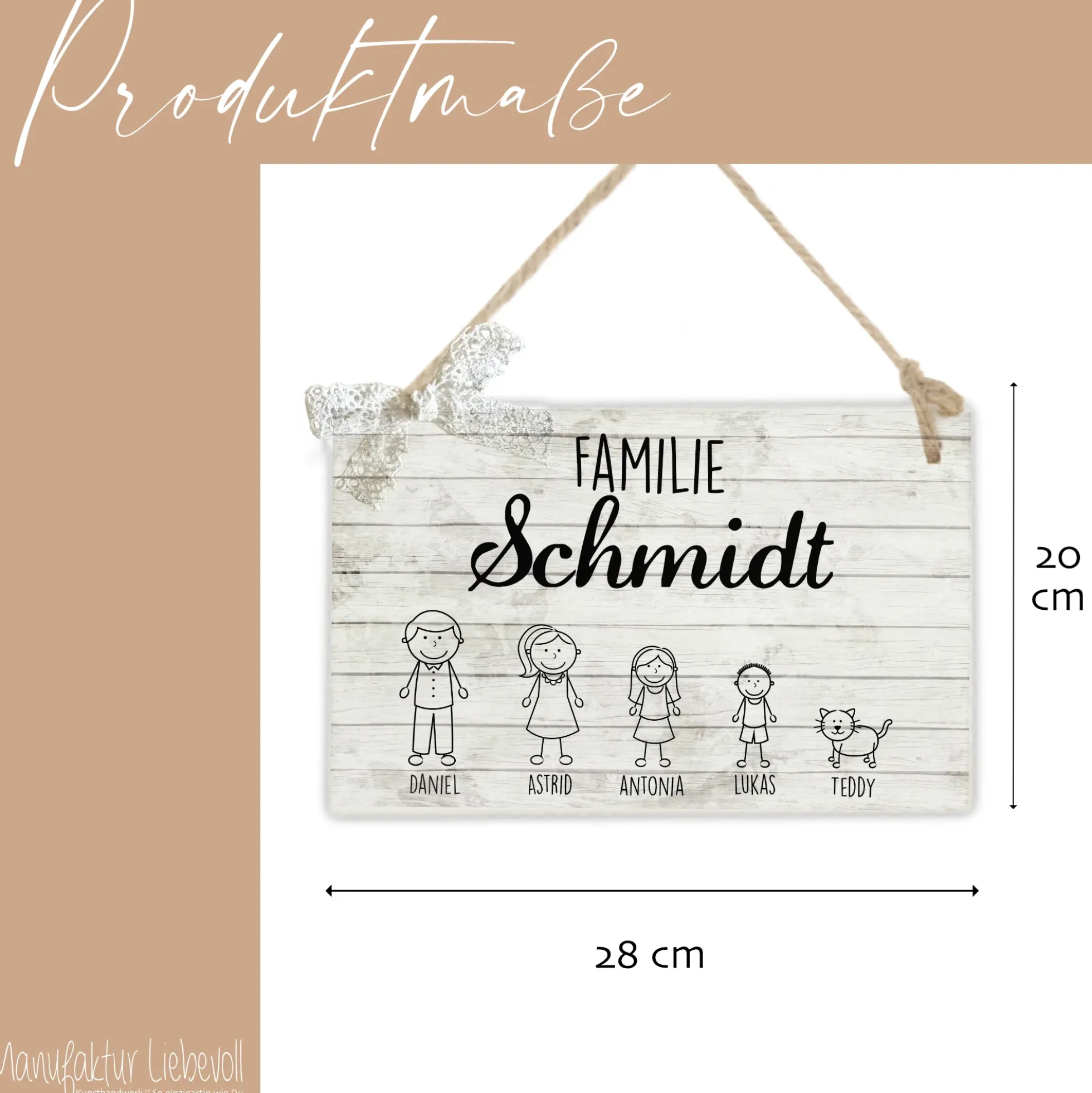 Originelles Türschild für die Familie | Haustürschild mit Figuren u. Vornamen | Handgefertigtes Familienschild in weiß grauer Shabby Chic Holzoptik | 2 Größen zur Auswahl