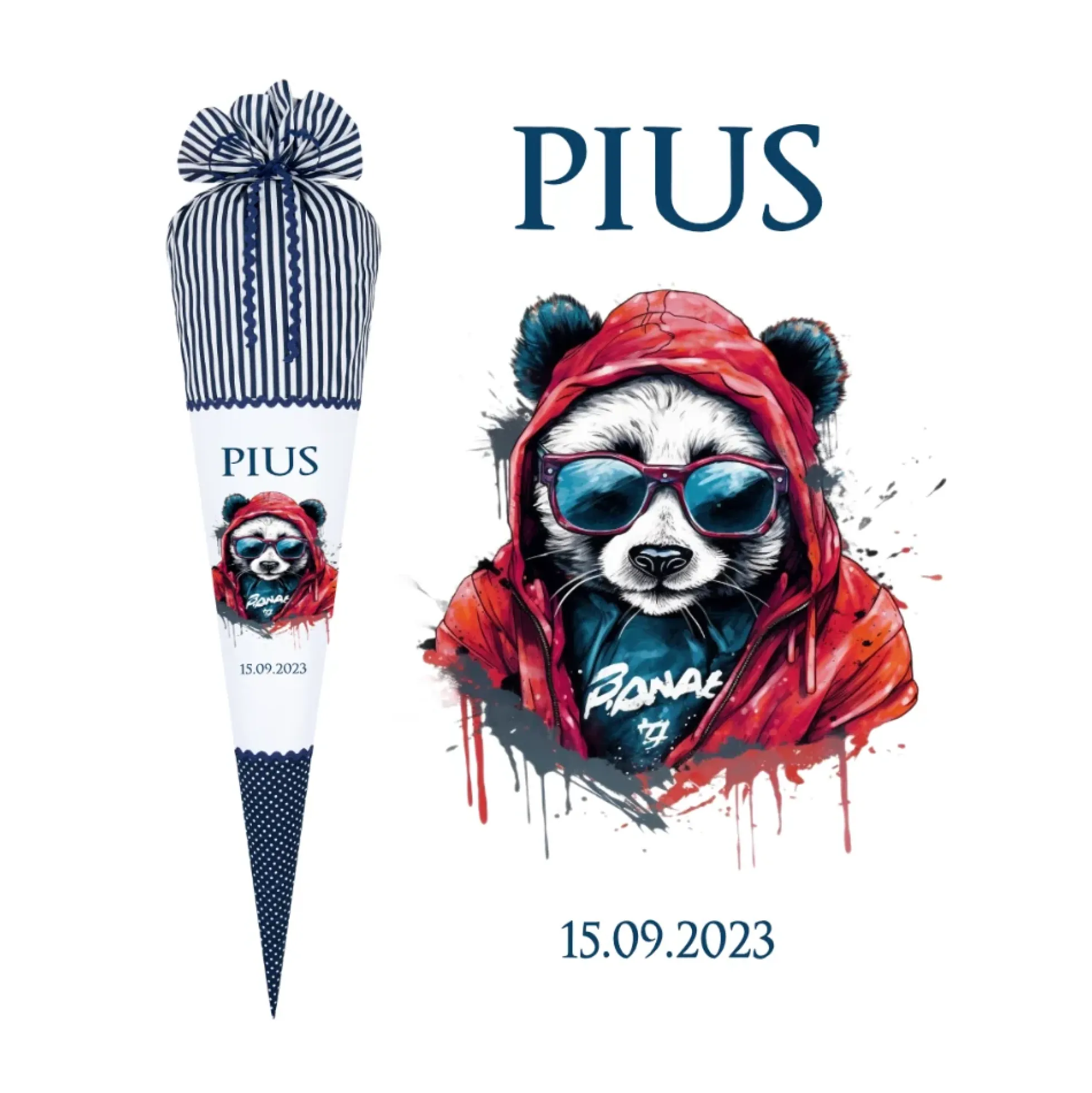 Panda Stoff Schultüte in Blau für Jungen mit Namen handgenähte Tier Einschulungstüte Datum Zuckertüte 70 cm personalisiert | Optional mit Füllkissen und Spitzenschutz