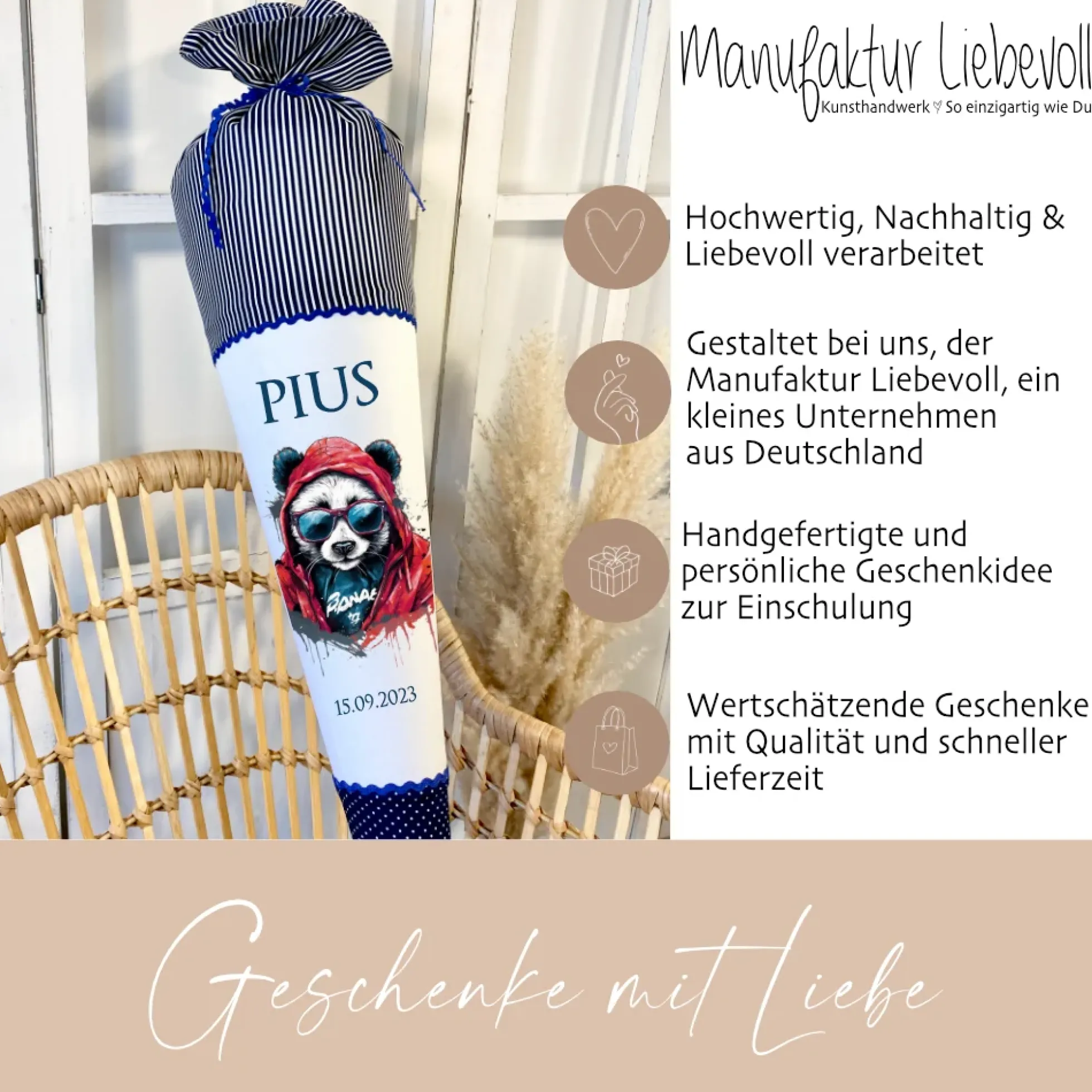 Panda Stoff Schultüte in Blau für Jungen mit Namen handgenähte Tier Einschulungstüte Datum Zuckertüte 70 cm personalisiert | Optional mit Füllkissen und Spitzenschutz