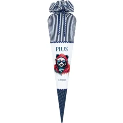 Panda Stoff Schultüte in Blau für Jungen mit Namen handgenähte Tier Einschulungstüte Datum Zuckertüte 70 cm personalisiert | Optional mit Füllkissen und Spitzenschutz