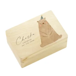 Personalisierte Aufbewahrungskiste für Kinder, Erinnerungsbox aus Holz mit dem Namen u. Geburtsdaten | Motiv: Bär