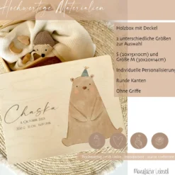 Personalisierte Aufbewahrungskiste für Kinder, Erinnerungsbox aus Holz mit dem Namen u. Geburtsdaten | Motiv: Bär